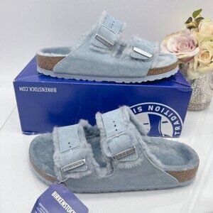 Birkenstock Arizona Shearling Sandal Light Blue Suede Leather EU 37 US 6- 6.5